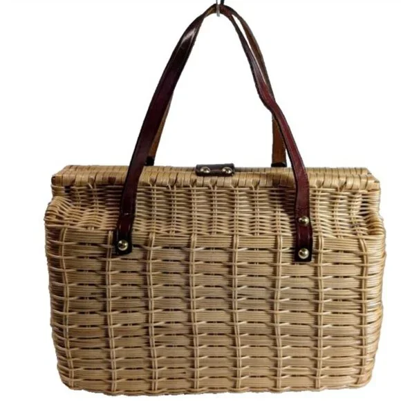 VTG Handwoven Wicker Basket Satchel Handbag Tan Leather-Brass Accents Hong Kong - Picture 3 of 11